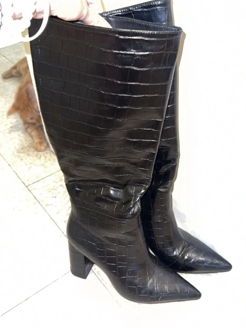 Amazon Black Croc-Embossed Pointed Toe Over-The-Knee Boots